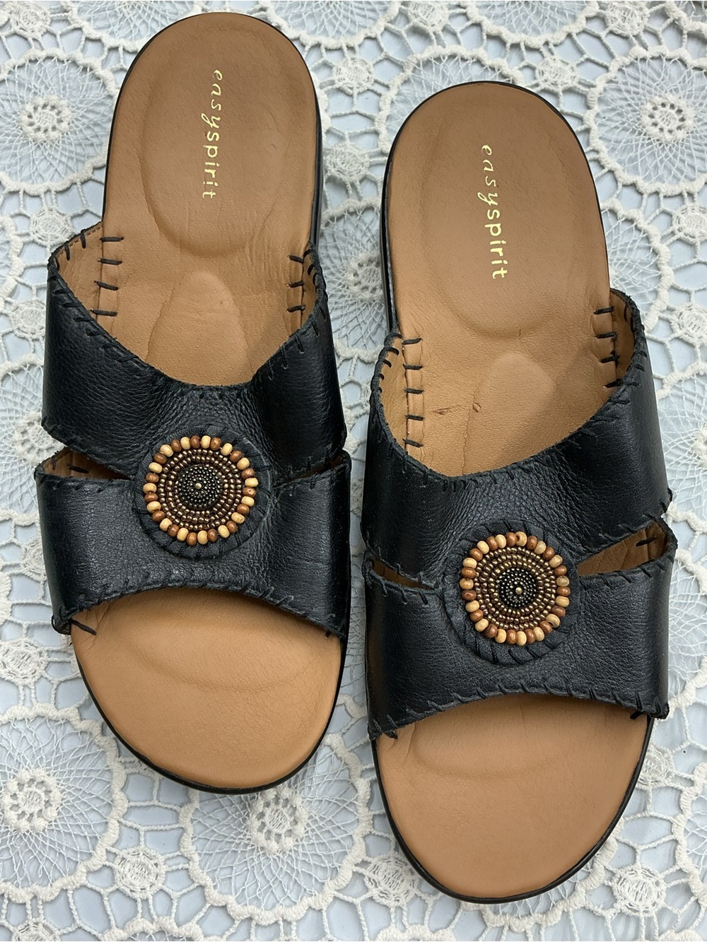 Easy Spirit Black Slide Sandals with Beaded Medallion